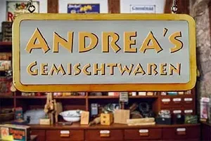 Illustration: Ladenschild mit Apostroph bei Andrea’s Gemischtwaren