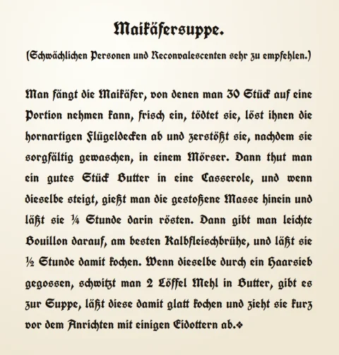 Historisches Rezept für Maikäfersuppe aus einem alten Kochbuch