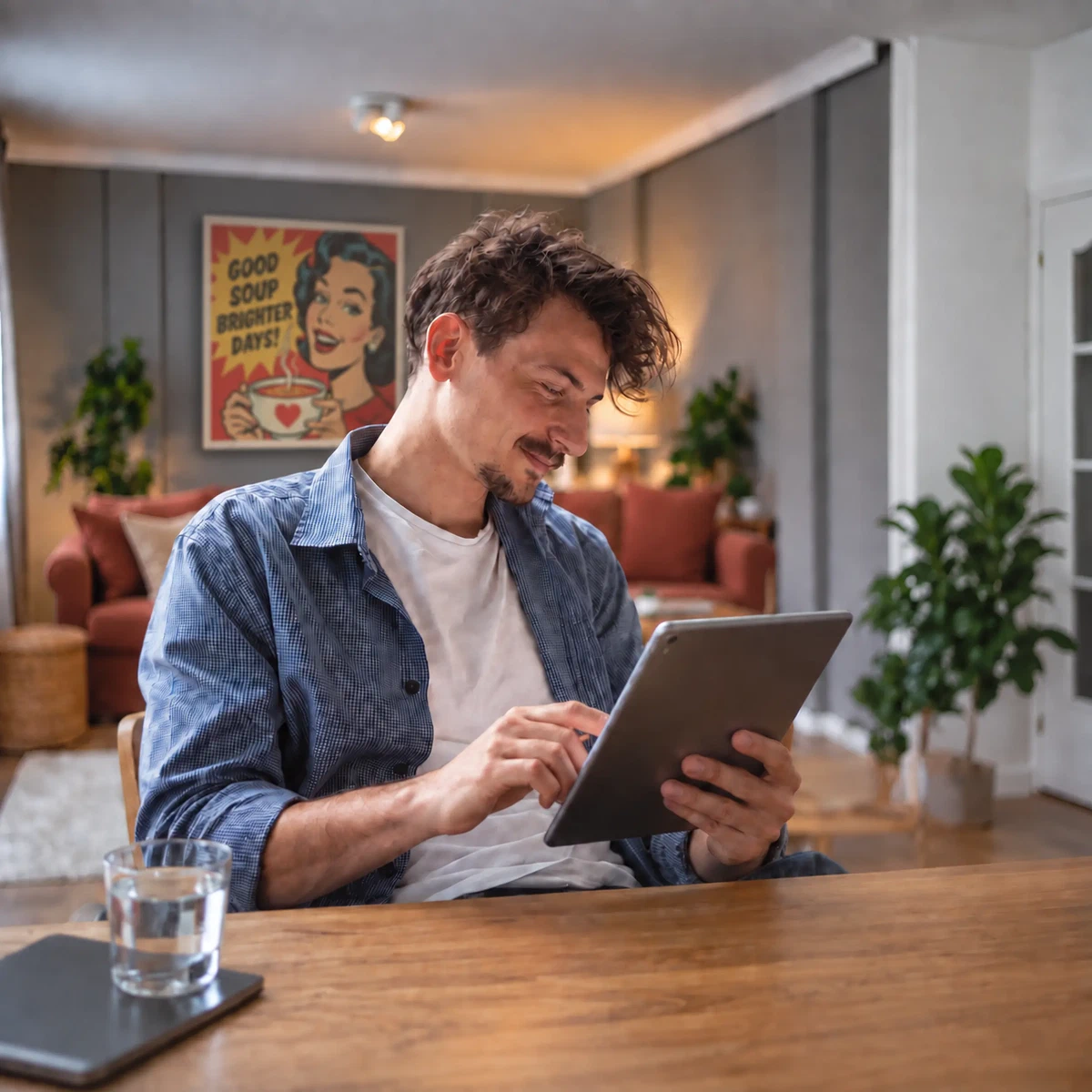 Mann liest zu Hause auf einem Tablet